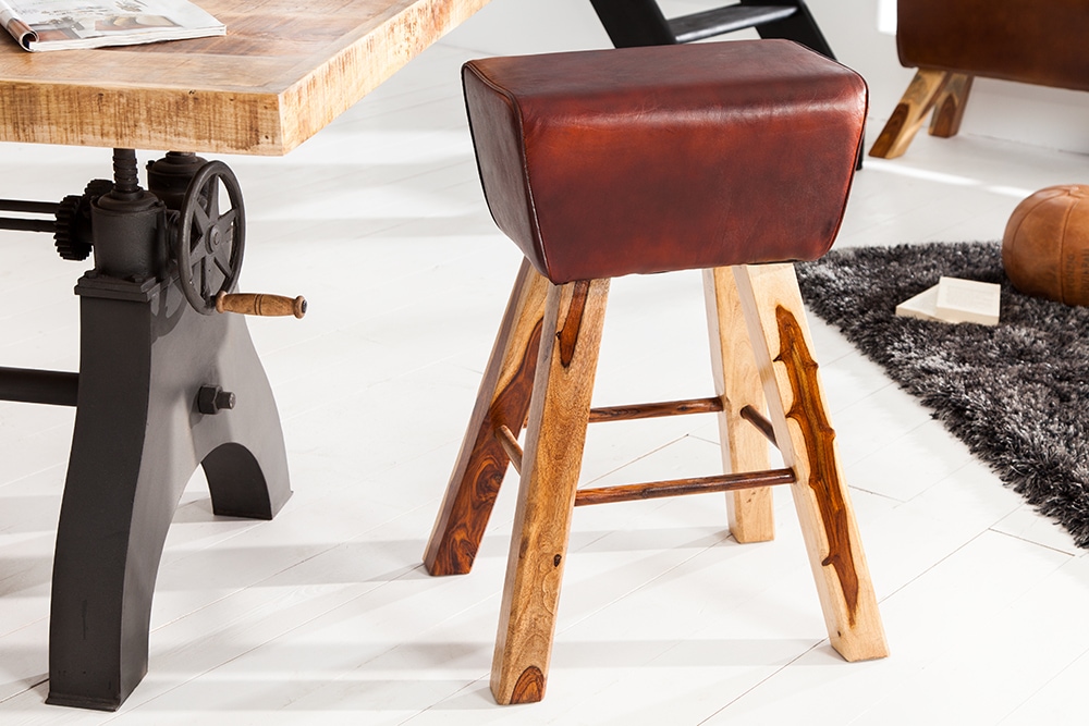Retro Barhocker TURNBOCK 75cm mit Echtleder Bezug Mangoholz Barstuhl
