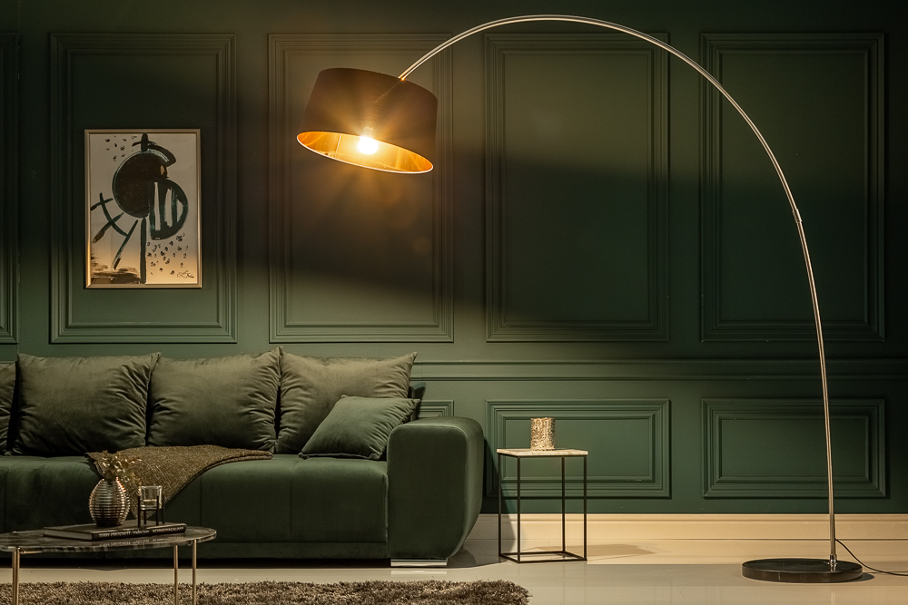 Design Bogenlampe FORMA 215cm schwarz gold Stehlampe mit Marmorfuß