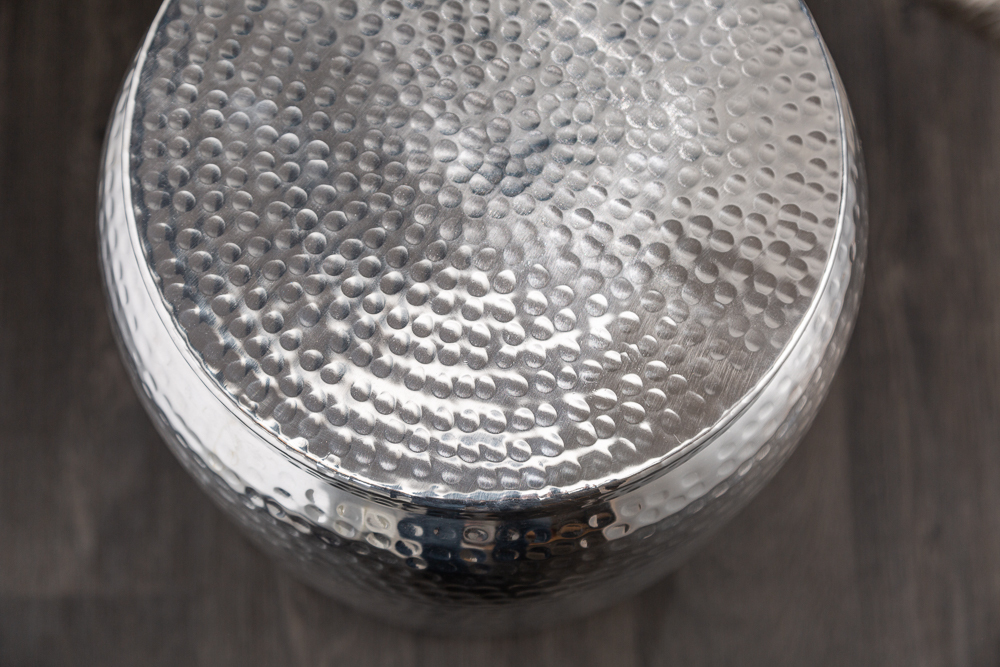 Handgefertigter Beistelltisch ORIENT STORAGE 50cm silber Hammerschlag Design mit Stauraum rund