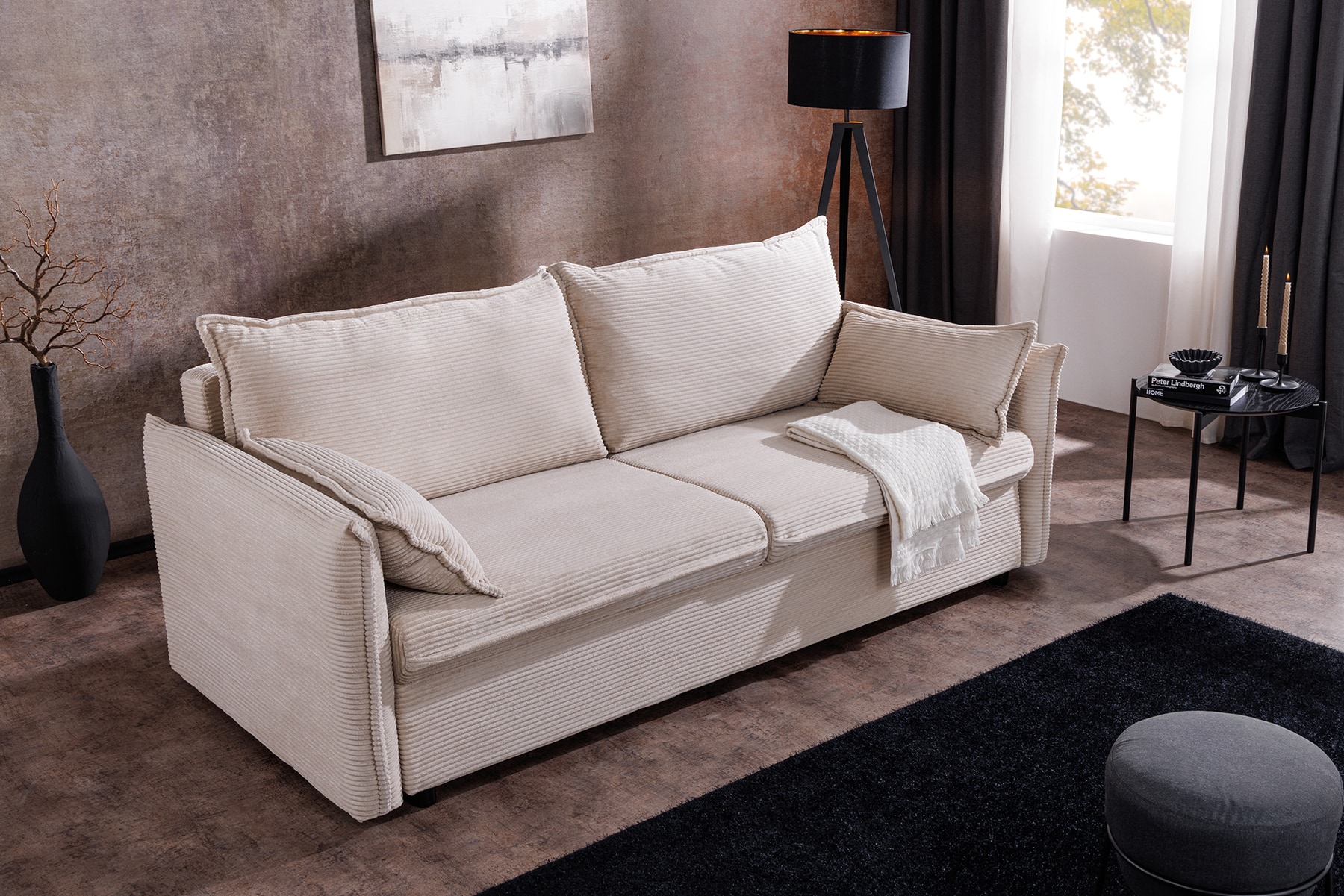 XXL Sofa mit Schlaffunktion APARTMENT beige Cord inkl. Bettkasten und Kissen