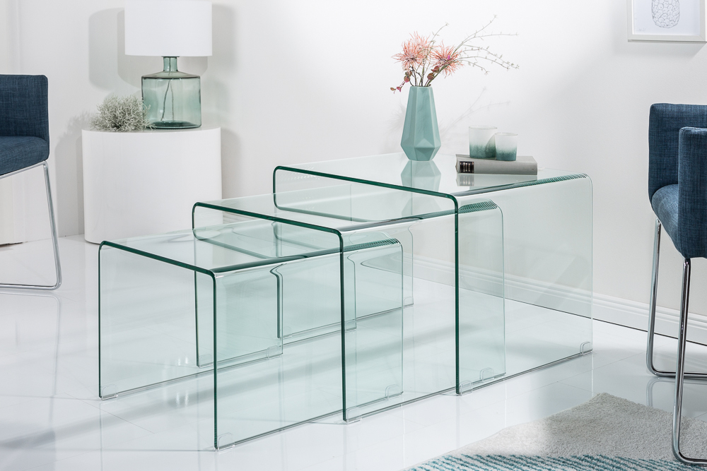 Design 3er Set Glas Couchtisch FANTOME 60cm Beistelltische transparent