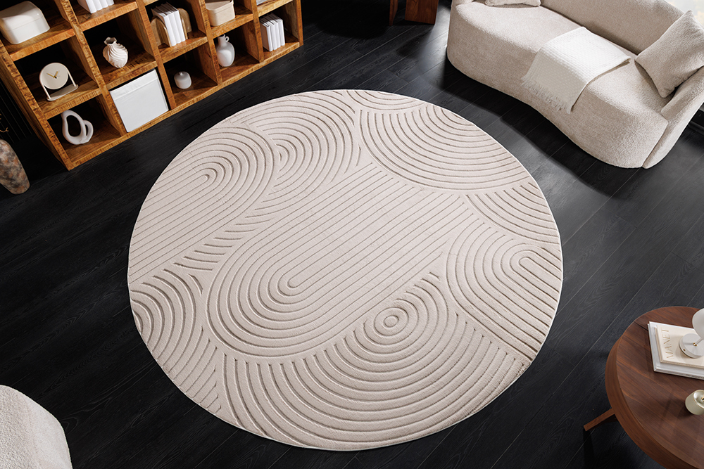 Runder 3D strukturierter Kurzflor Teppich ART DECO 230cm beige creme Hoch-Tief-Effekt