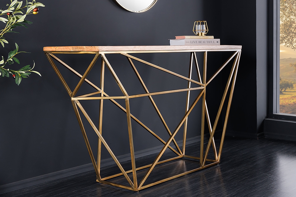 Abstrakter Konsolentisch DIAMOND 120cm natur messing Mangoholz Metallgestell