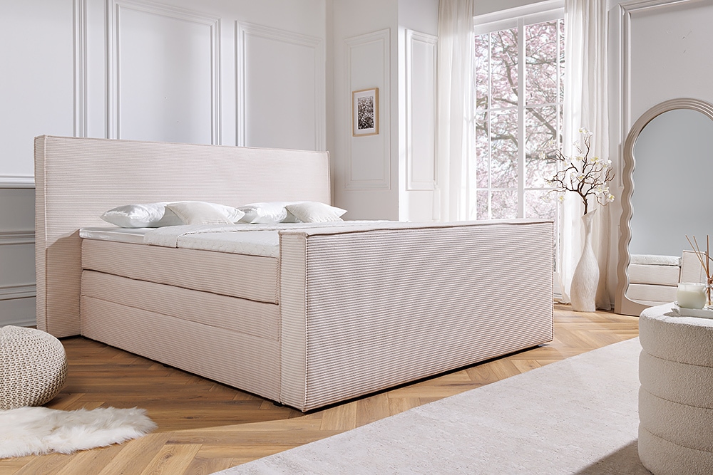 Design Boxspringbett SIGNUM 180x200cm beige Cord inkl. Topper Matratze und Stauraum