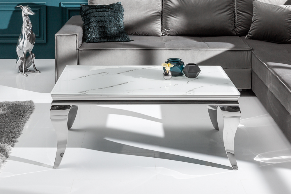 Eleganter Couchtisch MODERN BAROCK 100cm Glasplatte in Marmoroptik Edelstahlbeine
