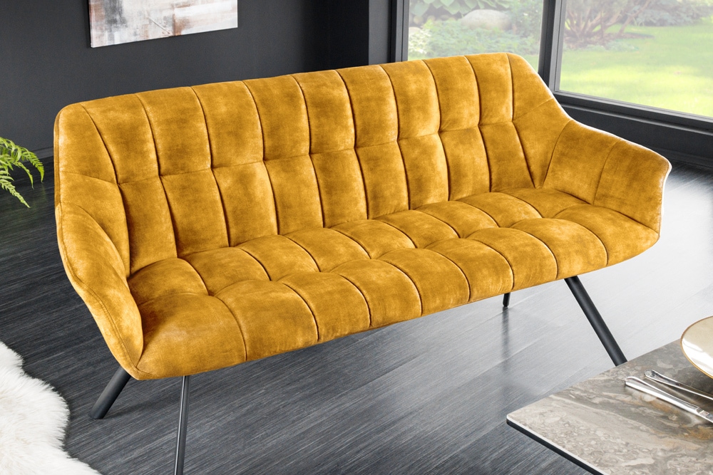 Esszimmer Sitzbank PAPILLON 165cm senfgelb Samt mit Lehnen schwarzes Metallgestell