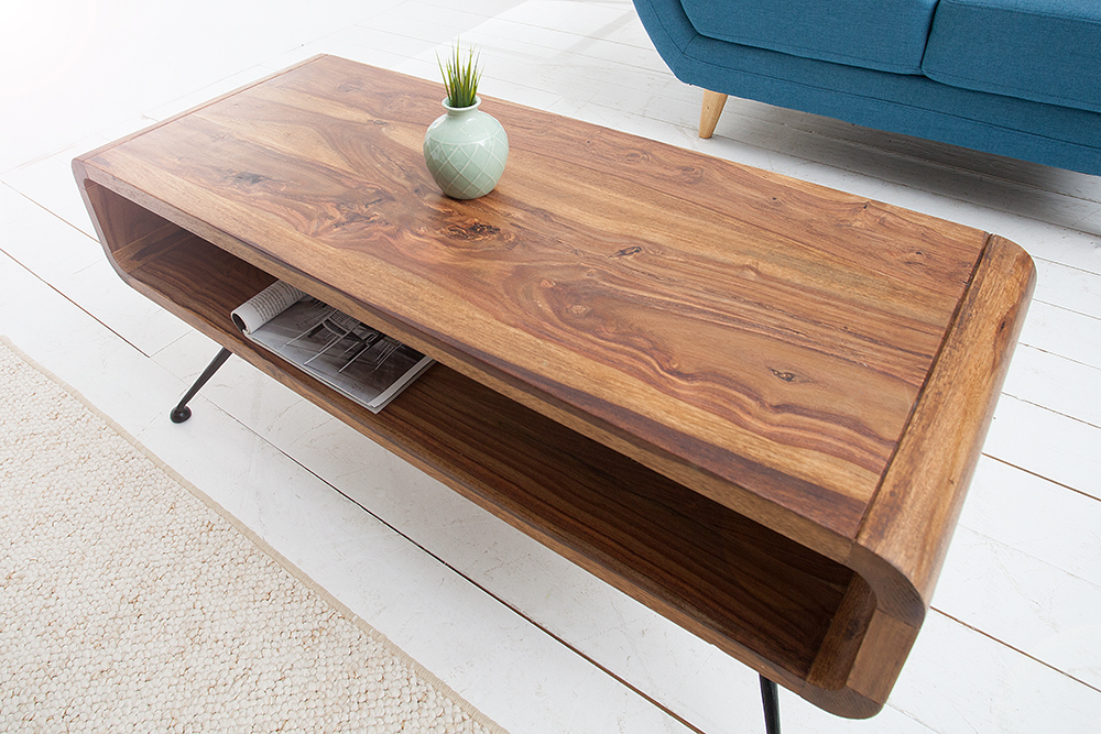 Retro Couchtisch ALPHA 100cm braun Sheesham Massivholz stone finish schwarze Metallbeine
