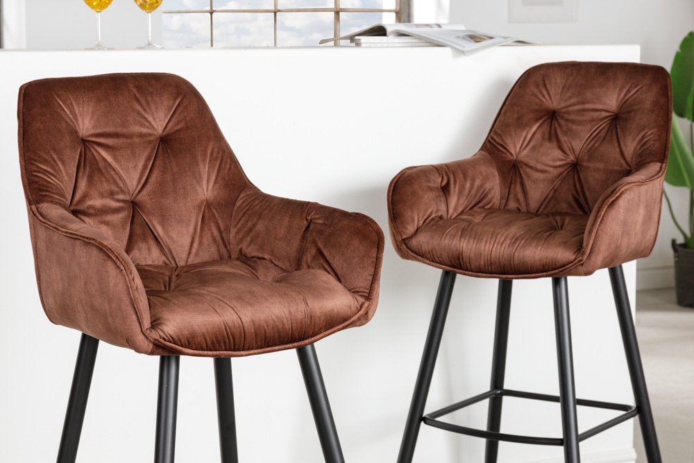 Design Barhocker MILANO rost braun Samt Barstuhl mit Lehne Metall schwarz Chesterfield-Steppung