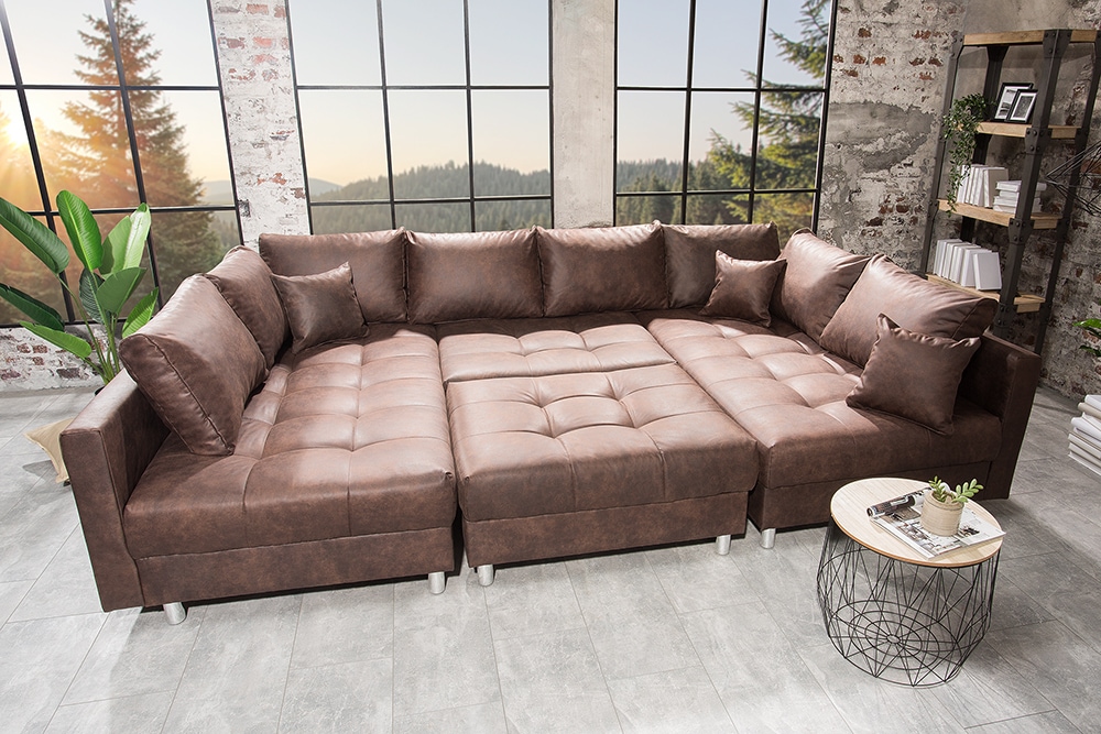 Moderne XXL Wohnlandschaft KENT 305cm antik braun Federkern Bigsofa inkl. Hocker
