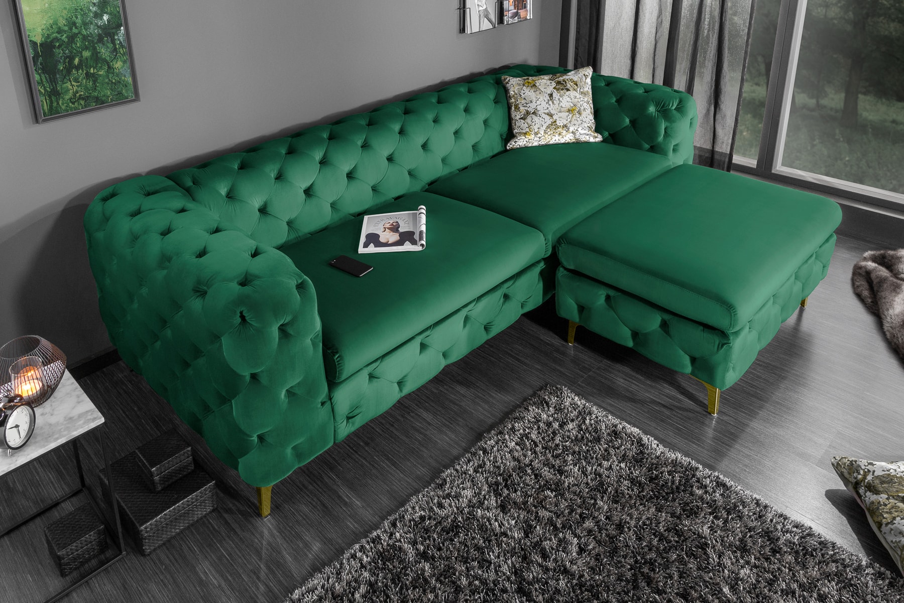 Chesterfield 3-Sitzer Sofa MODERN BAROCK 235cm smaragdgrün Samt Federkern gold Metallfüße