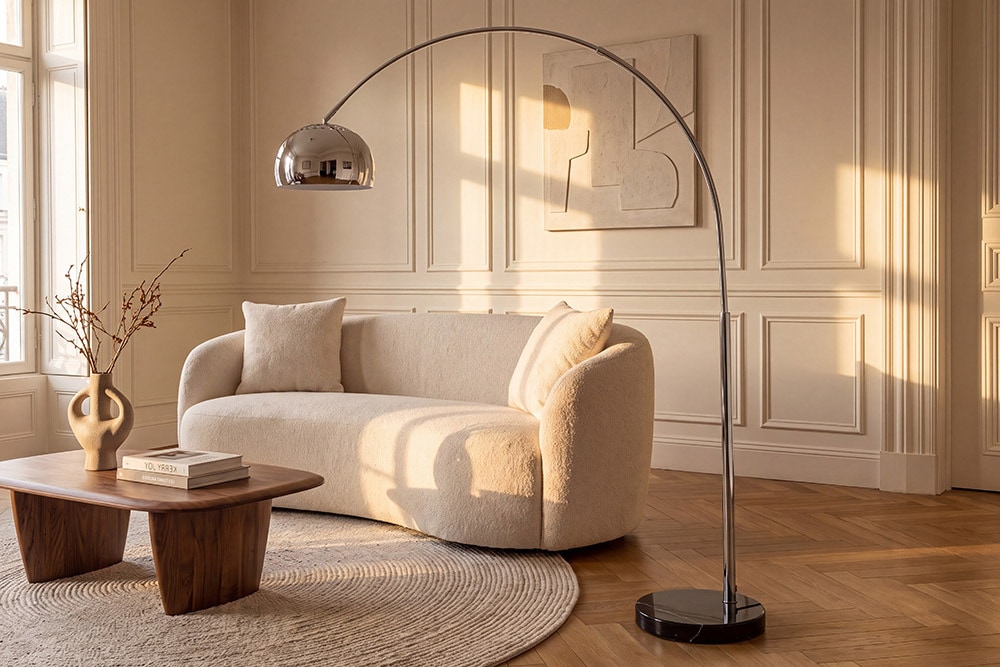 Ausziehbare Bogenlampe LOUNGE DEAL 170-210cm chrom Marmorfuß Stehlampe