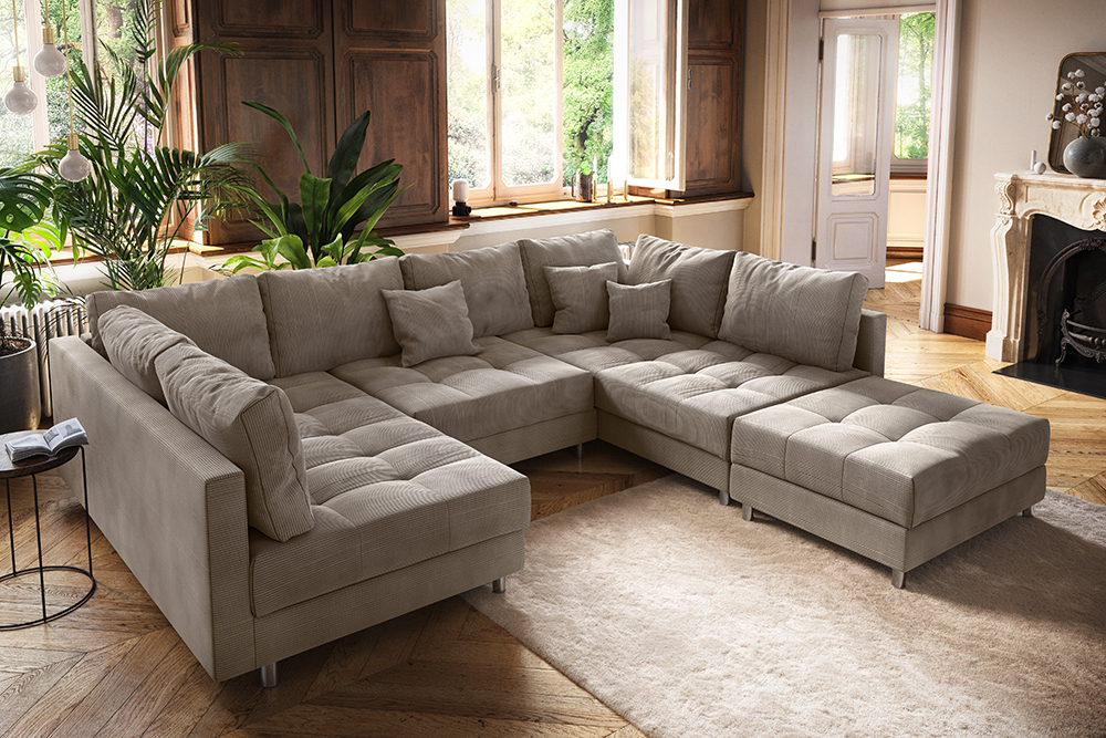 Moderne XXL Wohnlandschaft KENT 305cm greige Cord Bigsofa inkl. Hocker Federkern