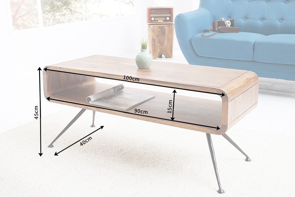 Retro Couchtisch ALPHA 100cm braun Sheesham Massivholz stone finish schwarze Metallbeine