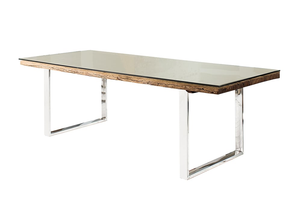 Massiver Esstisch BARRACUDA 240cm antik Teak Holz mit Stahl Kufenfüßen inkl. Glasplatte