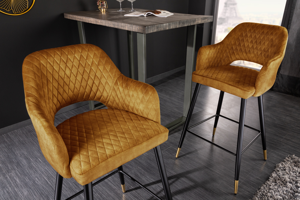 Design Barhocker PARIS senfgelb Samt mit Lehne Metall schwarz gold Ziersteppung