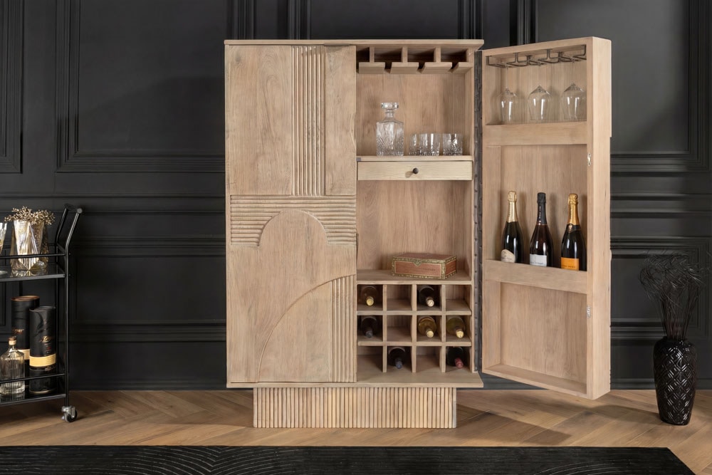 Massiver Barschrank ART DECO 140cm weiß gekälkt Mangoholz 3D-Front Highboard