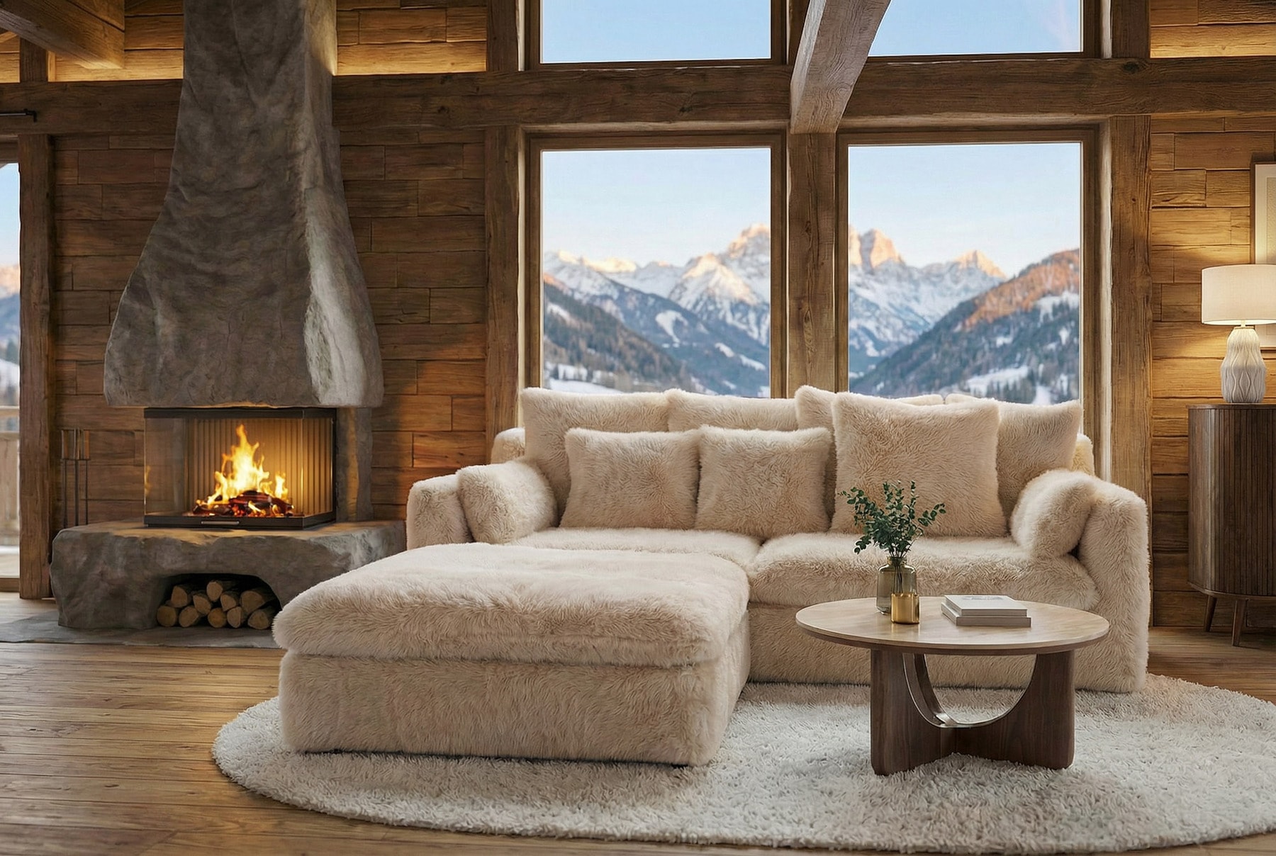 Großes 3-Sitzer Sofa YETI 200cm beige sand langfloriger Plüsch Shaggy-Stoff