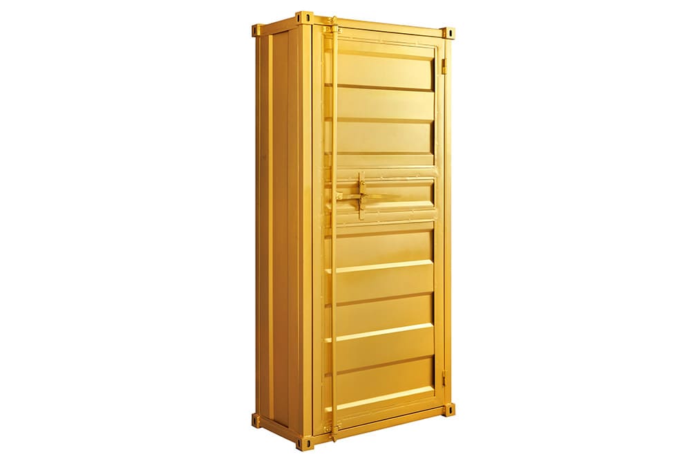 Design Aktenschrank GLOBETROTTER 180cm gold Eisen Container Upcycling Highboard
