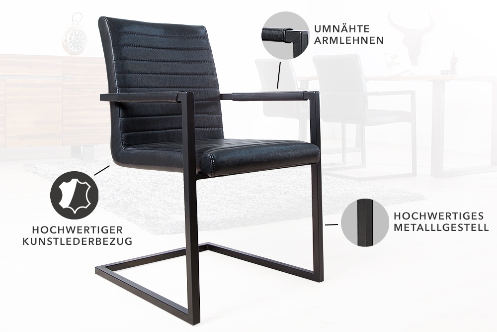 Industrial Freischwinger Stuhl LOFT antik schwarz Kunstleder mit Armlehne Eisengestell