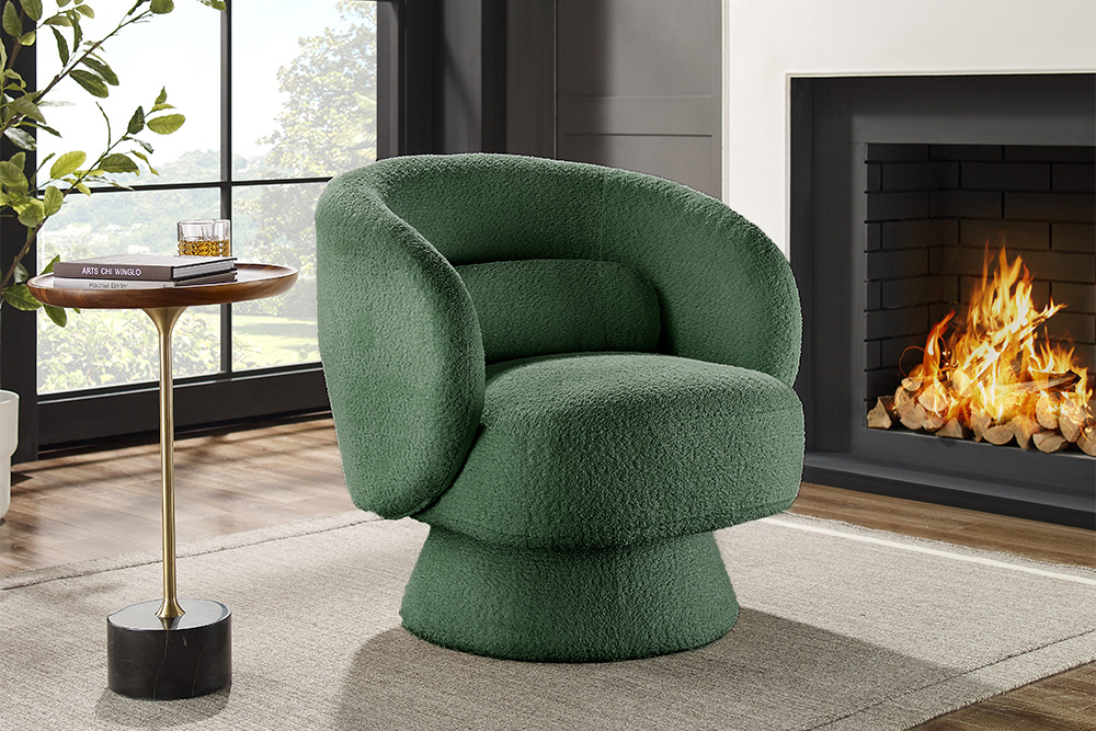 Drehbarer Design Sessel BOSSA NOVA 80cm moosgrün Bouclé