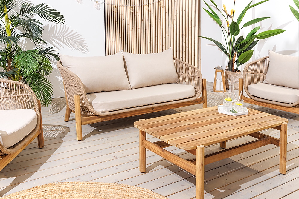 Wetterfestes Gartenlounge Set ROPE natur beige Akazienholz Aluminium inkl. Tisch Sitzpolster
