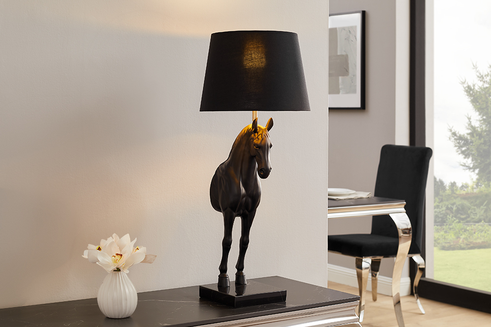 Extravagante Tischlampe BLACK BEAUTY 75cm schwarz gold Pferde-Skulptur