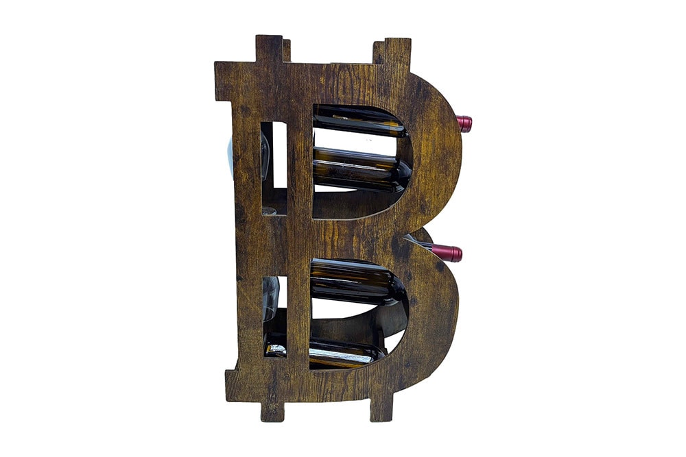 Stilvolles Weinregal BITCOIN 70cm natur Holzregal für 10 Flaschen und 4 Gläser