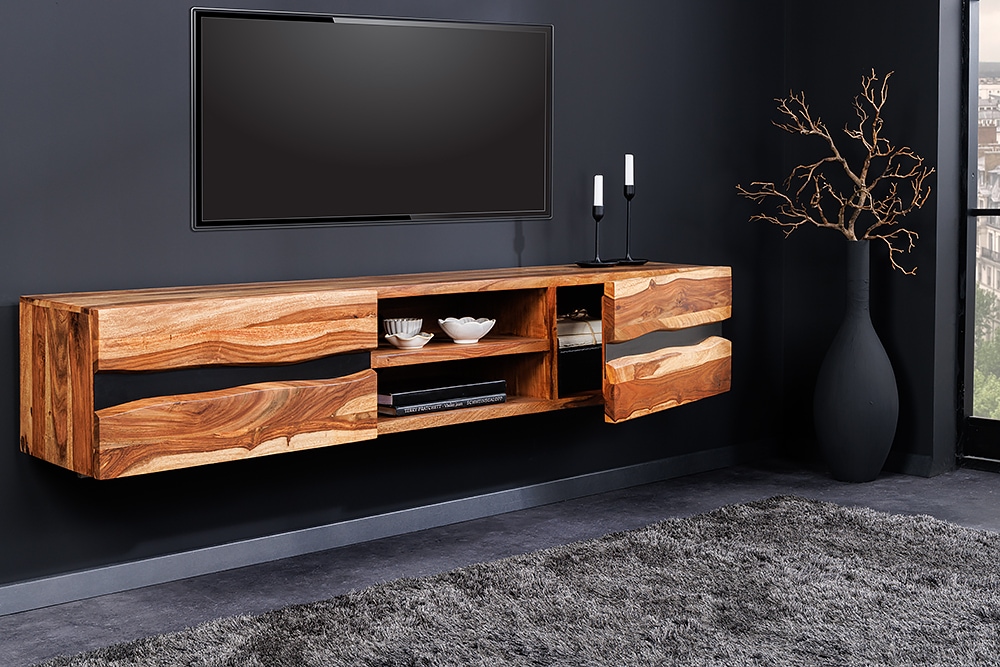 Hängendes TV-Lowboard AMAZONAS 160cm braun Sheesham Massivholz Baumkante Metall schwarz