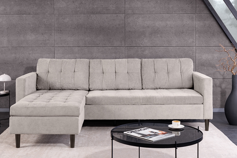 Modernes Ecksofa STOCKHOLM 220cm hellgrau Cordstoff Federkern 3-Sitzer-Sofa