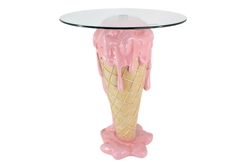 Einzigartiger Bistrotisch ICE CREAM 75cm beige rosa runde Tischplatte Glas handmade