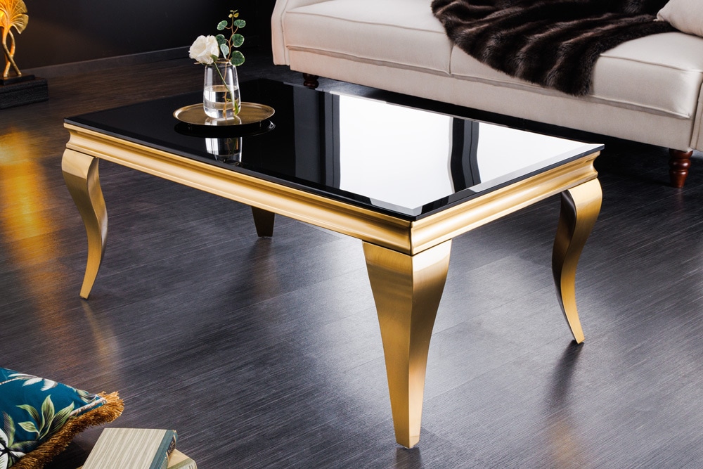 Eleganter Couchtisch MODERN BAROCK 100cm schwarz Opalglas goldene Beine