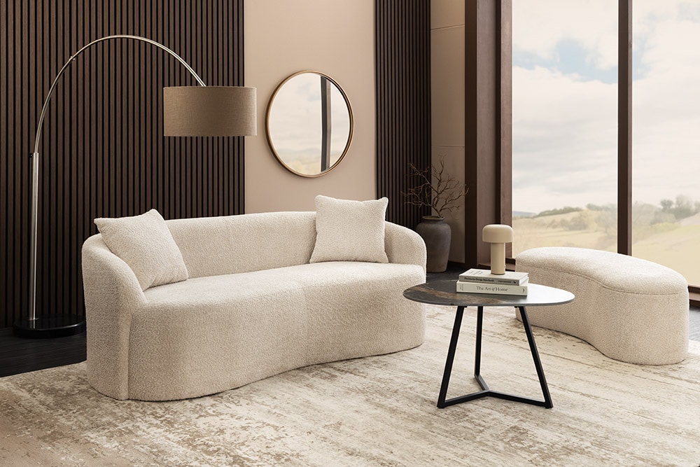 Extravagantes Sofa ELEMENTAL 180cm champagner beige Feinstrick Bouclé 2-Sitzer