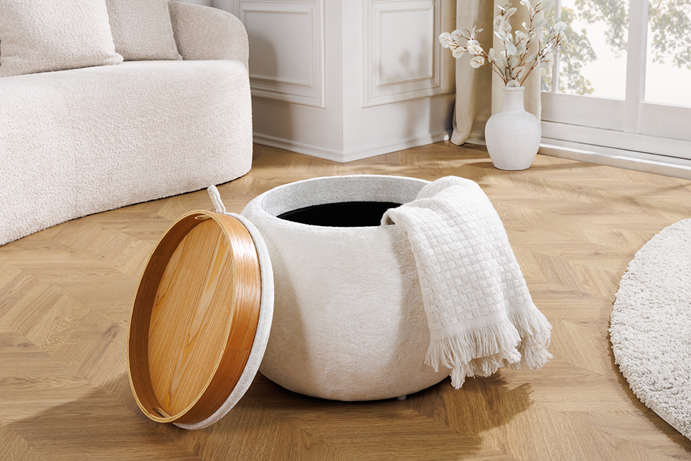 Runder Couchtisch ORBIT 50cm beige Bouclé Hocker mit Tablett und Stauraum