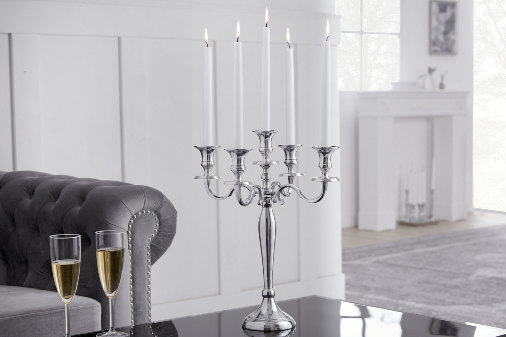 Kerzenständer MODERN BAROCK 40cm silber 5-armig Lüster Aluminium poliert Kerzenhalter