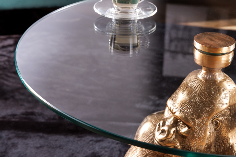 Runder Couchtisch WILDLIFE KONG 60cm gold Metall Glas Affenfigur Gorilla Skulptur handmade