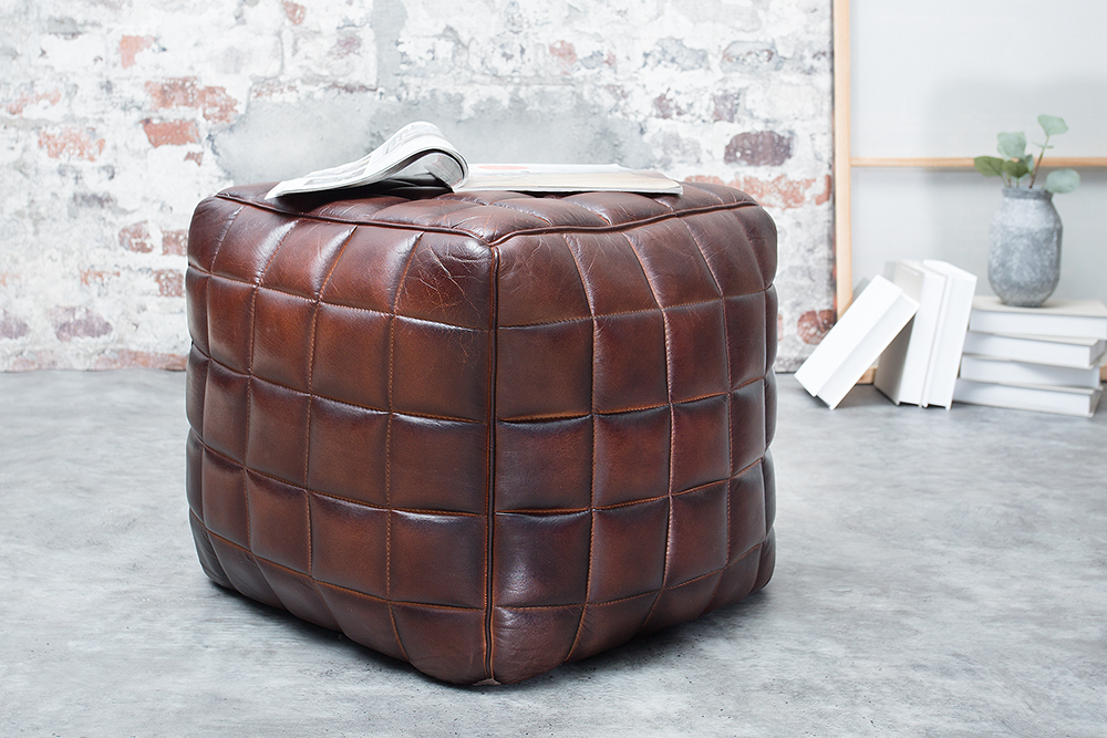 Retro Hocker RIDER 40cm braun Echtleder mit Ziersteppung