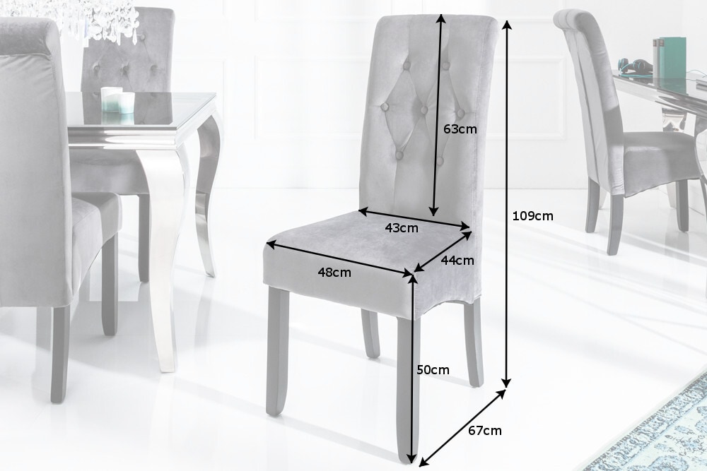 Design Stuhl CASA grau Samt mit Zierknöpfen Massivholzbeine