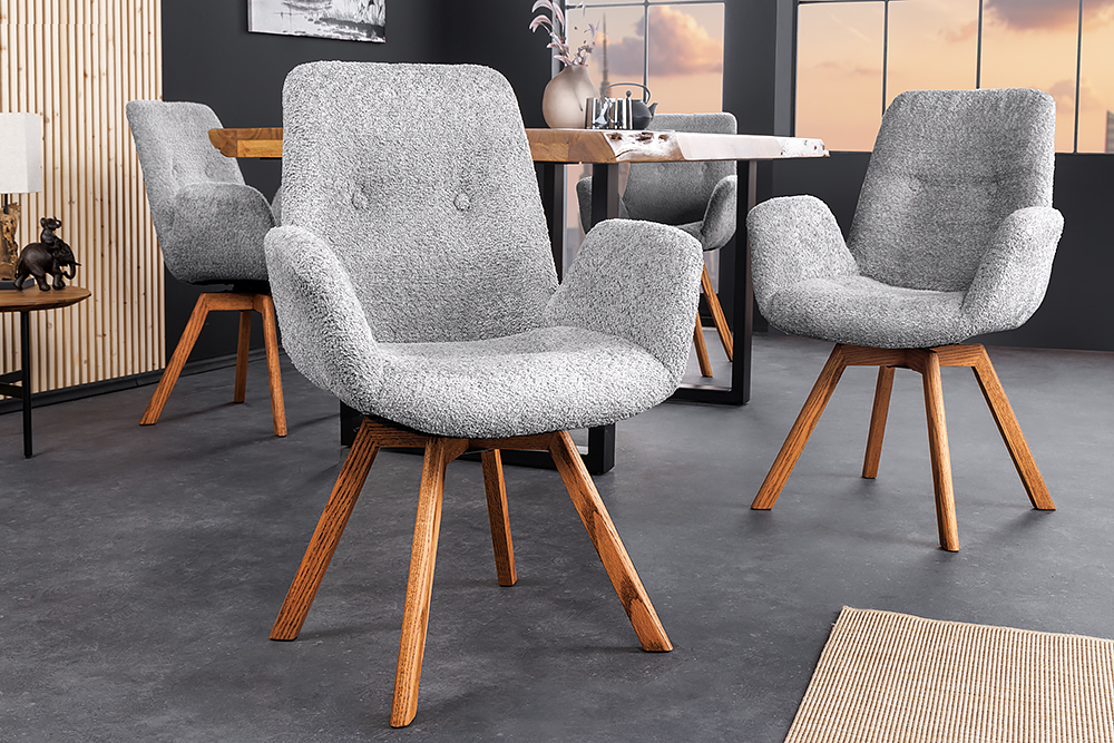 Drehbarer Design Stuhl BALTIC grau Bouclé natur Eiche Massivholz-Beine mit Armlehne