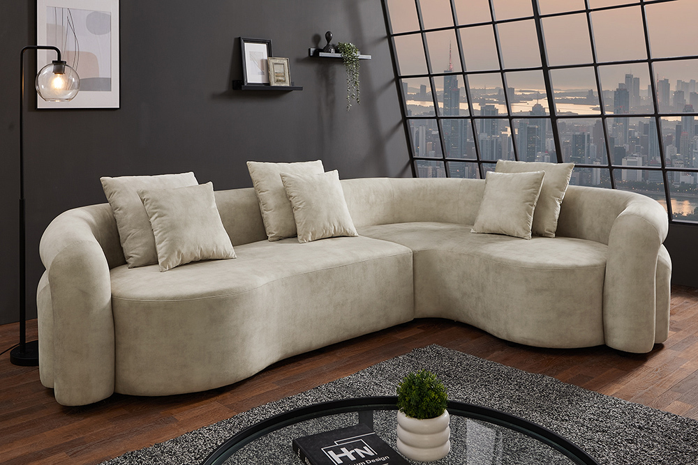 Retro Wohnlandschaft VOGUE 290cm beige Samt XXL-Sofa organische Form inkl. Kissen