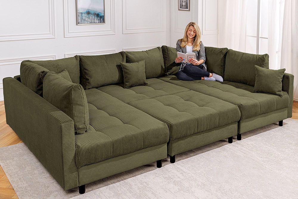 Moderne XXL Wohnlandschaft KENT 305cm grün Cord Bigsofa inkl. Hocker Federkern