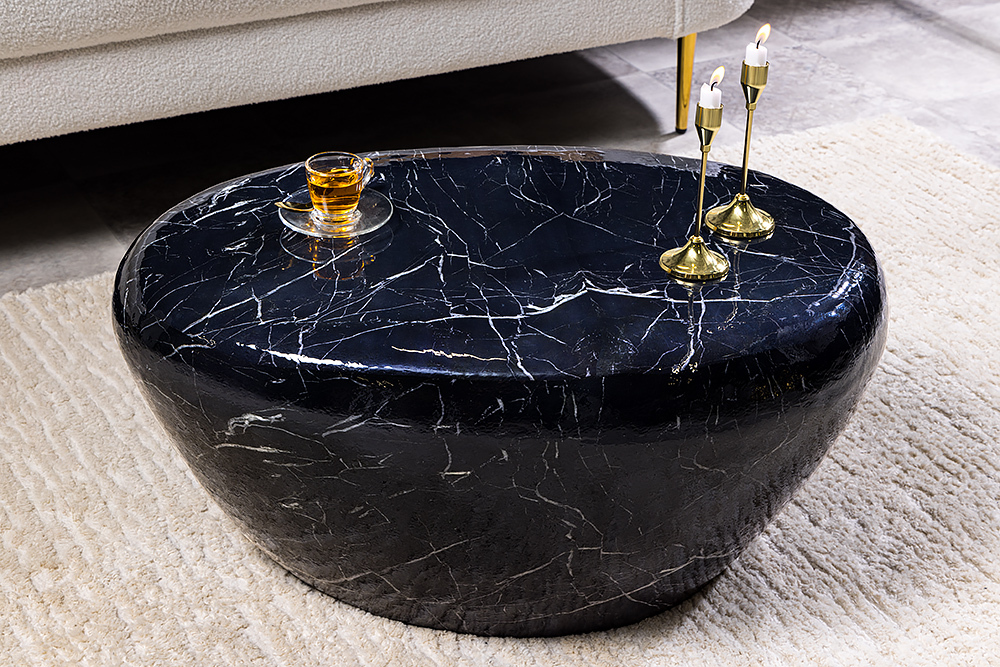 Handgefertigter Couchtisch STONE 75cm schwarz Marmor-Design Metall