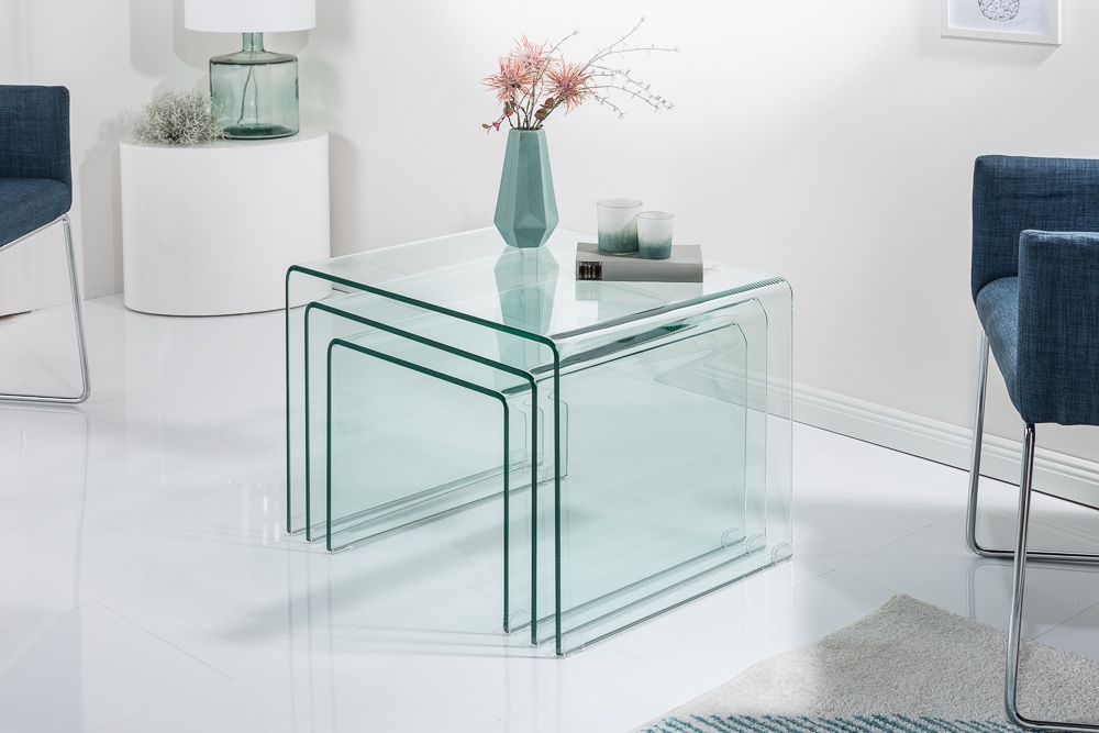 Design 3er Set Glas Couchtisch FANTOME 60cm Beistelltische transparent