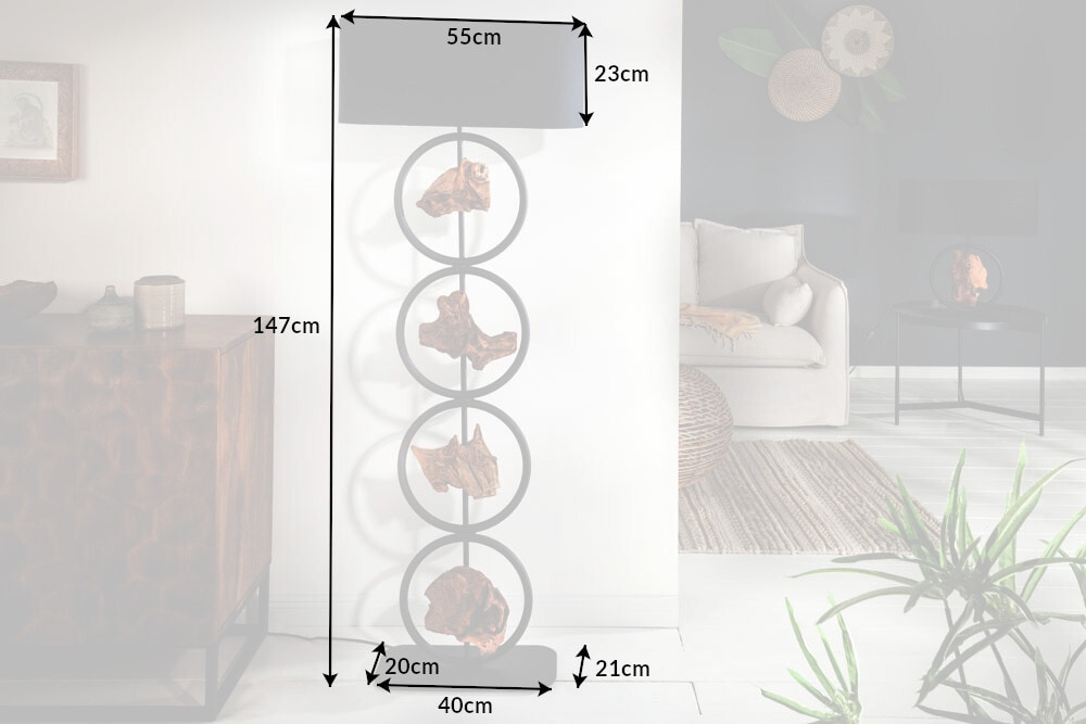 Design Stehlampe ELEMENTS 147cm schwarz Baumwollschirm Fuß mit Massivholz