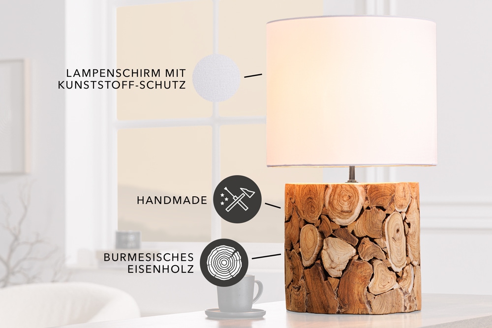 Design Tischlampe PURE NATURE 45cm natur handmade Eisenholz Baumwollschirm weiß