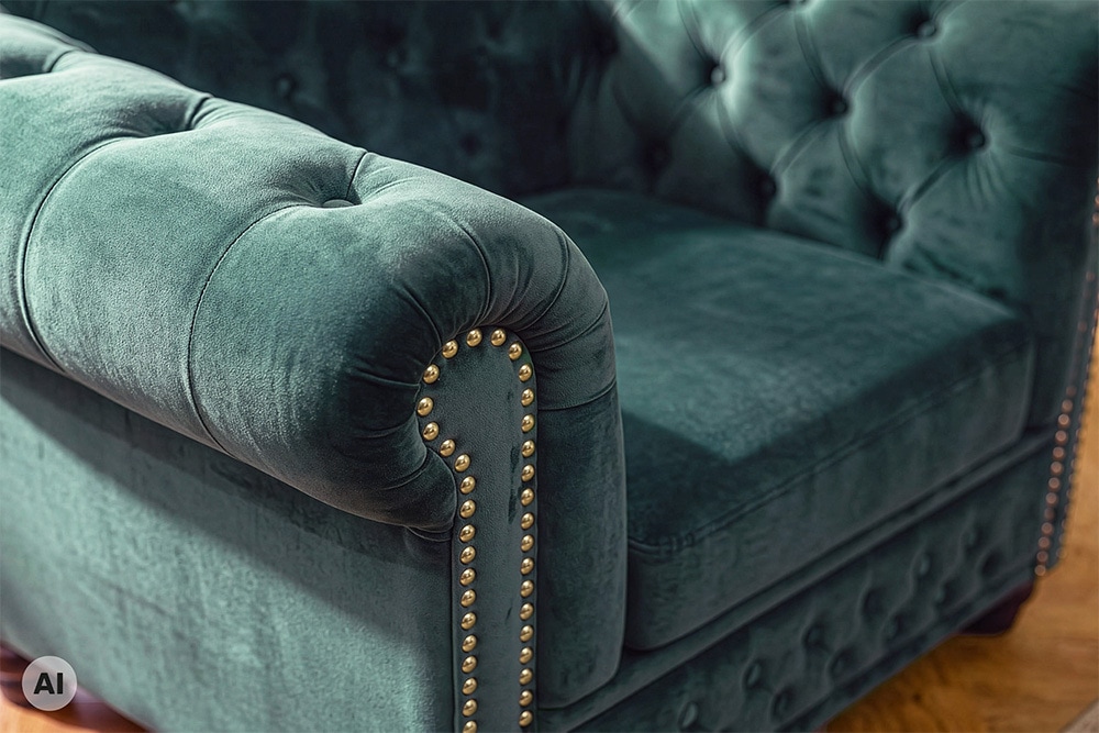 Barocker Sessel CHESTERFIELD petrol Samt Federkern goldene Nieten mit Knopfheftung