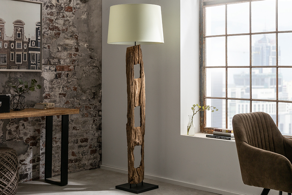 Massive Stehlampe BARRACUDA 177cm natur Akazienholz Baumwollschirm weiß Baumstamm