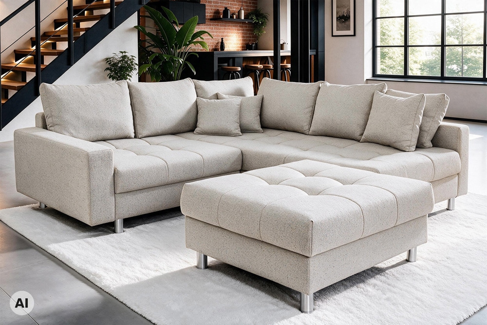 Wohnlandschaft KENT 220cm beige Strukturstoff  Ecksofa Federkern inkl. Hocker