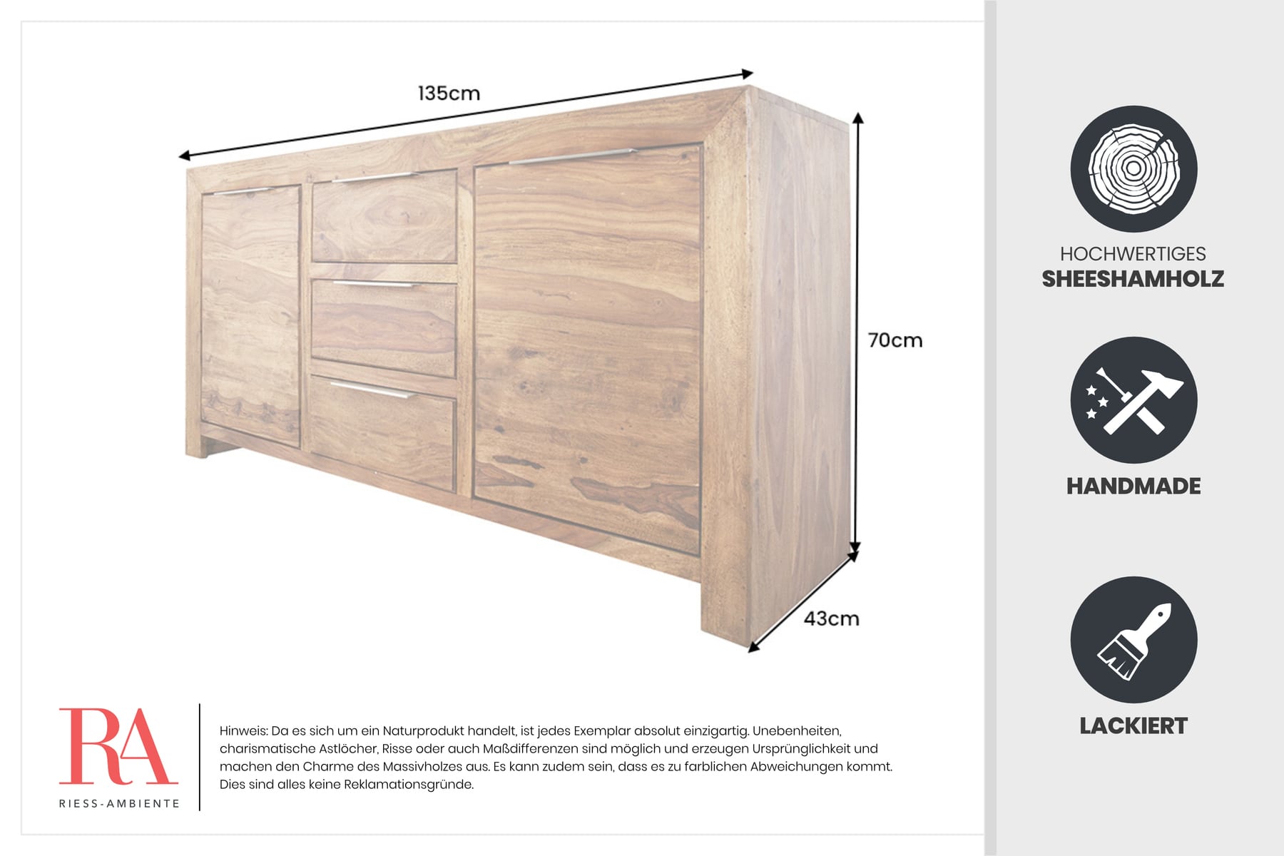 Massivholz Sideboard PURE 135cm braun Sheesham stone finish Kommode mit Schubladen
