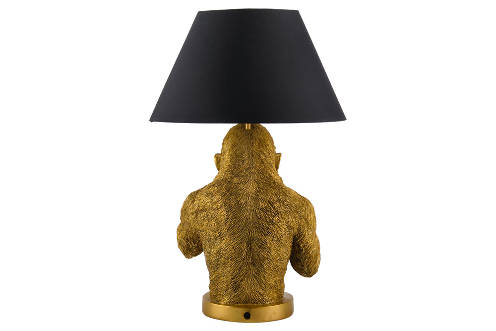 Handgefertigte Tischlampe KING APE 55cm schwarz gold Stoffschirm Affen-Skulptur