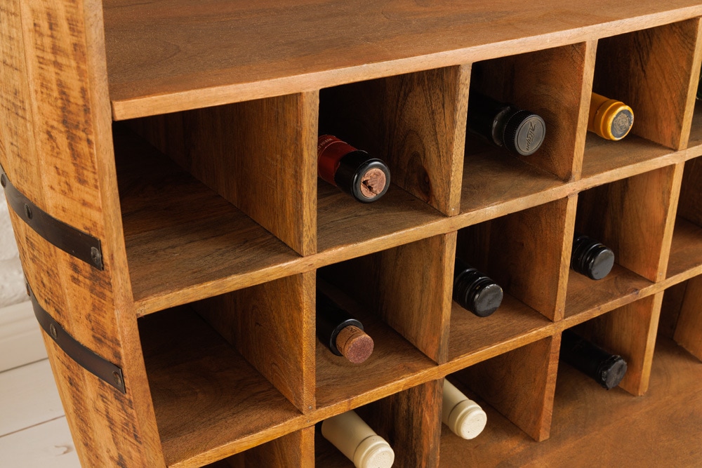 Vintage Weinregal BODEGA 90cm natur Mangoholz Barschrank Fass für 15 Flaschen
